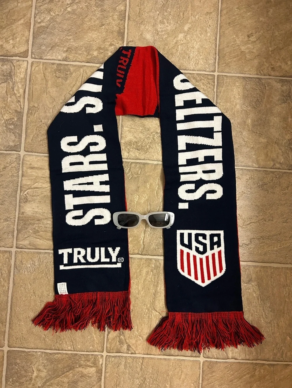 USA Truly Soccer Scarf & Y2K Sunglasses Bundle Red White Blue Stars Stripes